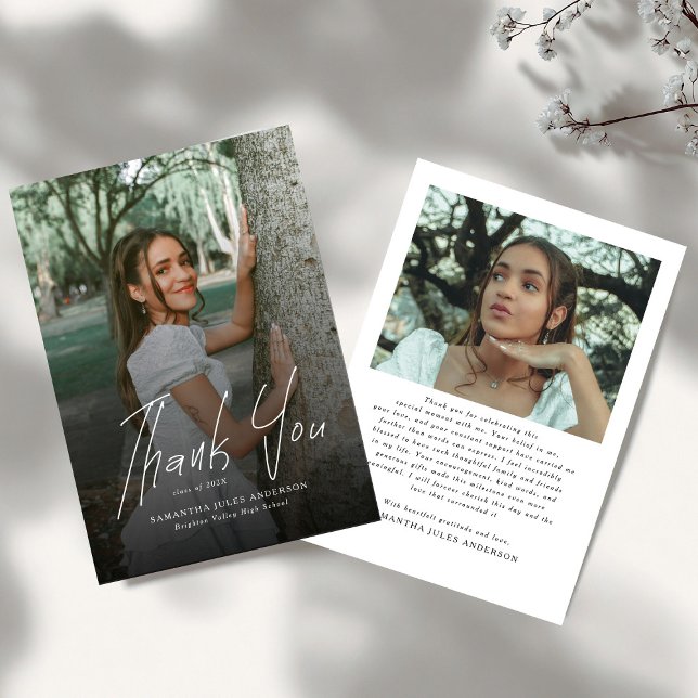 Cartão De Agradecimento Modern Script Simple Photo Graduation  (Criador carregado)