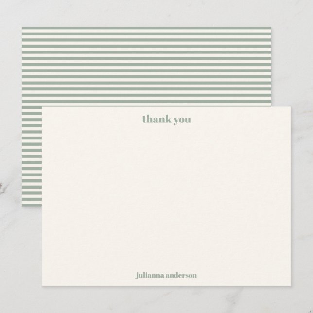 Cartão De Agradecimento Modern Simple Sage Green Stripes Personalized Name (Frente/Verso)