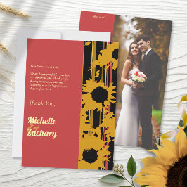 Cartão De Agradecimento Modern Sunflower Sunset Coral Gold Wedding