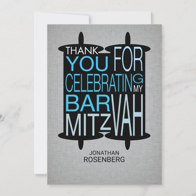 Cartão De Agradecimento Modern Torah Obrigado Cinza e Azul (Frente)