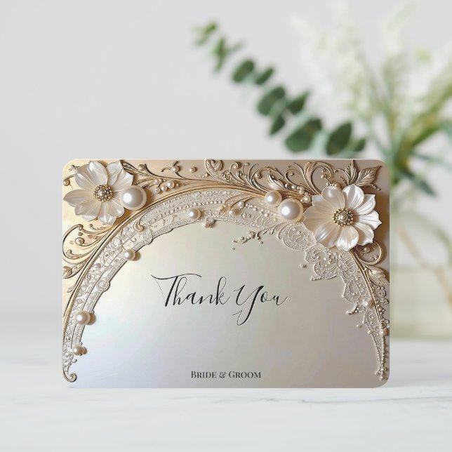 Cartão De Agradecimento Modern White Flowers Pearls Thank You Card (Em pé/Frente)