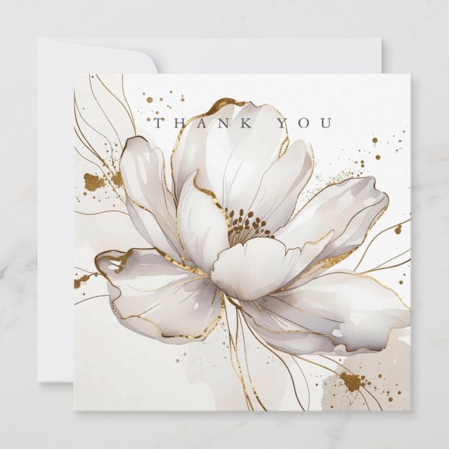 Cartão De Agradecimento Modern White Magnolia Gold Line Art Floral Wedding (Frente)