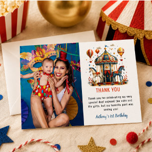 Cartão De Agradecimento Moderno Aniversário de 1 Ano Circo Carnaval Festiv