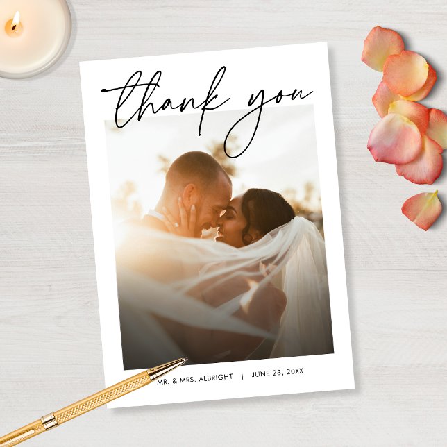 Cartão De Agradecimento Moderno Casamento de Foto Script Simples Elegante  (Criador carregado)
