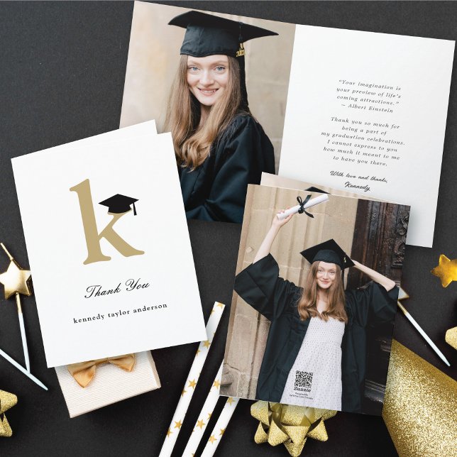 Cartão De Agradecimento Moderno de Fotografia do Boné de formatura K do Mo (Classic Monogram K Graduation Cap Modern Thank You Photo Folded Card @ zazzle.com/color_therapy)