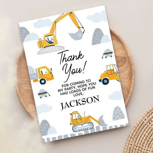 Cartão De Agradecimento Moderno Descendo Alguma Construção Divertida Anive (Boys Construction Birthday Thank You Card, Yellow Grey Construction Themed Birthday Thank You Card)