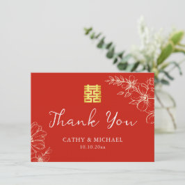 Cartão De Agradecimento Moderno elegante casamento chinês floral script ve