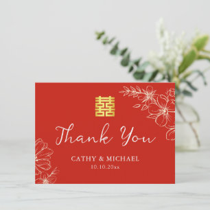 Cartão De Agradecimento Moderno elegante casamento chinês floral script ve