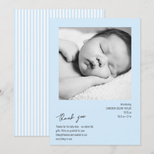 Cartão De Agradecimento Moderno Minimalista Listra Bebê Foto Azul Nascimen