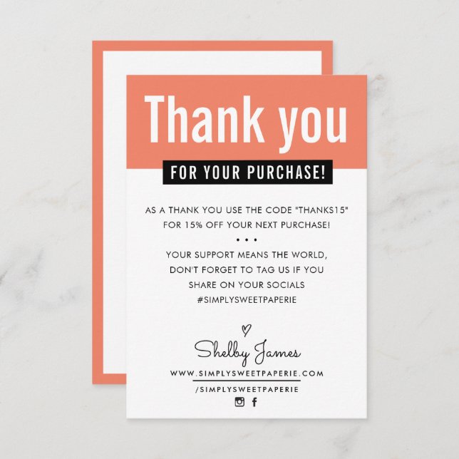 Cartão De Agradecimento MODERNO OBRIGADO A comprar inserir laranja (Frente/Verso)