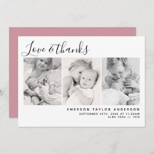 Cartão De Agradecimento Moderno Rosa Três Fotos Novo Bebê