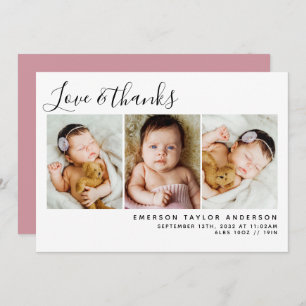 Cartão De Agradecimento Moderno Rosa Três Fotos Novo Bebê