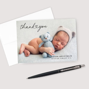 Cartão De Agradecimento Moderno Script de Coração para Foto de Bebê Recém-
