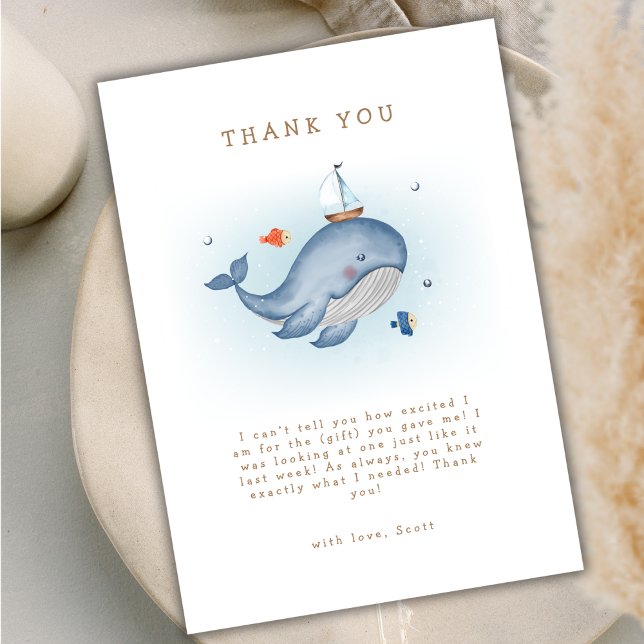 Cartão De Agradecimento Moderno Sob O Chá de fraldas Nautica De Baleia (Modern Under The See Whale Nautica Baby Shower Thank You Card)