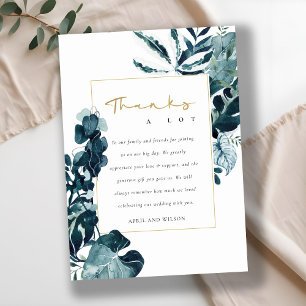 CARTÃO DE AGRADECIMENTO MODERNO TROPICAL MONSTERA FOLHAGEM AZUL CASAMENTO