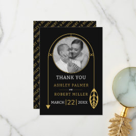 Cartão De Agradecimento Moldura de ouro moderno com casamento de folhas e