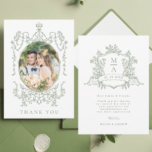 Cartão De Agradecimento Moldura Floral Clássica Verde Sálvia Casamento Fot