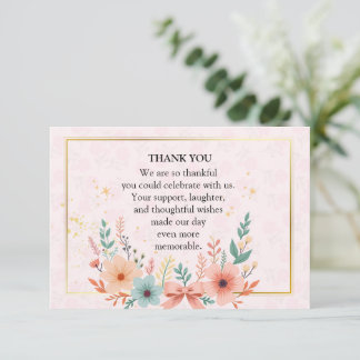 Cartão De Agradecimento Moldura Floral Pastel Elegante com Acentos Dourado