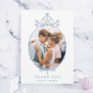 Cartão De Agradecimento Moldura Vintage Simples Azul Empoeirado Casamento