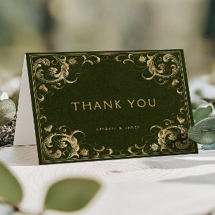 Cartão De Agradecimento Moldura Vintage Verde Oliva Dourado Casamento