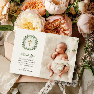 Cartão De Agradecimento Molereca Verde e cruz Dourada   Foto Baptism
