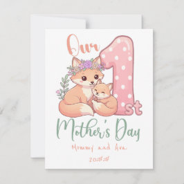 Cartão De Agradecimento Mommy and Baby Fox Pink 1st Mothers Day