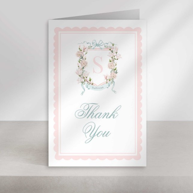 Cartão De Agradecimento Monogram Crest Thank You Card Pink Bow Scallop (Criador carregado)