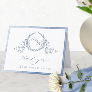 Cartão De Agradecimento Monograma Azul Elegante, Casamento Por Aquarela