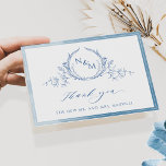 Cartão De Agradecimento Monograma Azul Elegante, Obrigado De Casamento De<br><div class="desc">Obrigado seus convidados com um cartões de agradecimentos de casamento elegante e personalizado! Design com delicada estrutura azul de aquarela, belo monograma botânico desenhado com a mão azul com iniciais de casais, obrigado elegante você fala e seção de texto para personalizá-lo como quiser tanto na frente quanto no verso. Opção...</div>