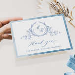 Cartão De Agradecimento Monograma Clássico Azul Elegante, Casamento de Aqu<br><div class="desc">Obrigado seus convidados com um cartões de agradecimentos de casamento elegante e personalizado! Design com delicada estrutura azul de aquarela, belo monograma botânico desenhado com a mão azul com iniciais de casais, obrigado elegante você fala e seção de texto para personalizá-lo como quiser tanto na frente quanto no verso. Capacidade...</div>