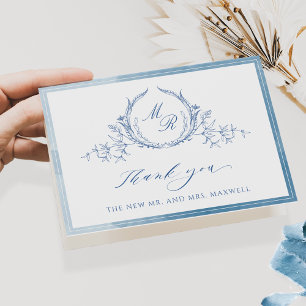Cartão De Agradecimento Monograma Clássico Azul Elegante, Casamento de Aqu