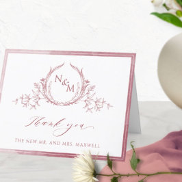 Cartão De Agradecimento Monograma de Borgonha Elegante, Casamento de Aquar