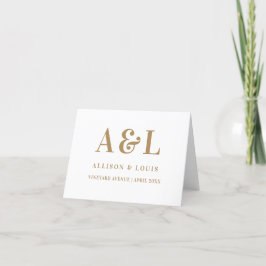 Cartão De Agradecimento Monograma de Casamento Branco Minimalista Dourado
