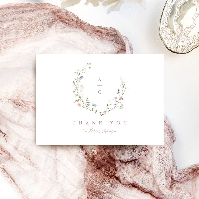 Cartão De Agradecimento Monograma de Casamento de Boho Russo de Flor Selva (Elegant Wildflower Rustic Boho Wedding monogram Thank You Card)