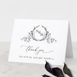 Cartão De Agradecimento Monograma de casamento em preto e branco elegante
