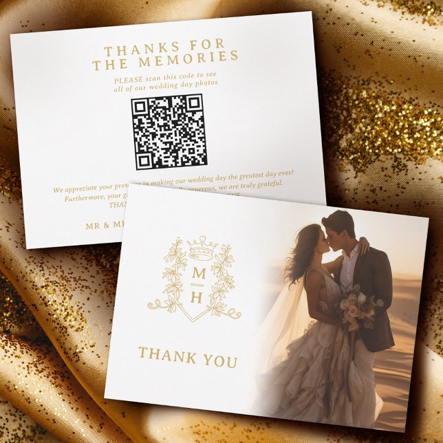 Cartão De Agradecimento Monograma de casamento ouro Fotografias QR Code (Criador carregado)