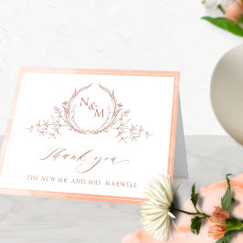 Cartão De Agradecimento Monograma de Pêssego Elegante, Casamento de Aquare