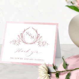 Cartão De Agradecimento Monograma de Rosa com poeira elegante, Casamento d