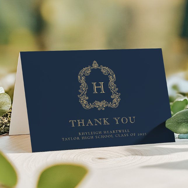 Cartão De Agradecimento Monograma Elegante Marinho  Azul Graduação Dourada (Criador carregado)