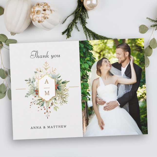 Cartão De Agradecimento Monograma Floral de Natal Simples (Criador carregado)