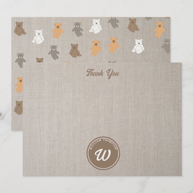 Cartão De Agradecimento Monograma inicial do padrão do Urso Justo (Frente/Verso)