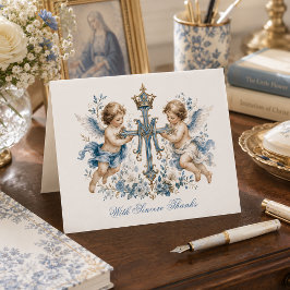 Cartão De Agradecimento Monograma Mariano Anjo Querubim Azul Floral