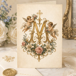 Cartão De Agradecimento Monograma Mariano Querubins Floral Católico
