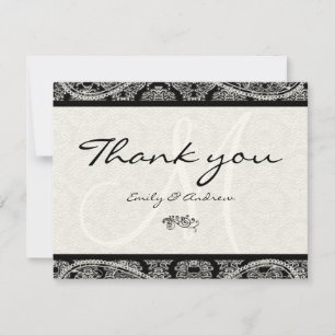 Cartão De Agradecimento Monograma Preto Damask Paisley Casamento Agradecim