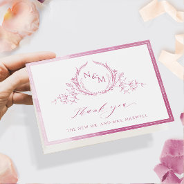 Cartão De Agradecimento Monograma Rosa Mole Elegante, Casamento de Aquarel