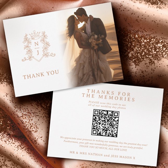 Cartão De Agradecimento Monograma rosa ouro casamento Fotografias QR Code (Criador carregado)