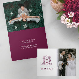 Cartão De Agradecimento Monograma, vinho tinto, fotos brancas de casamento