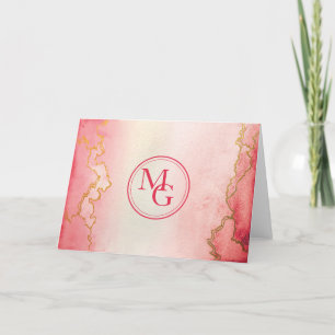 Cartão De Agradecimento Monogramed Watercolor Pink Red Ombre Gold Vine
