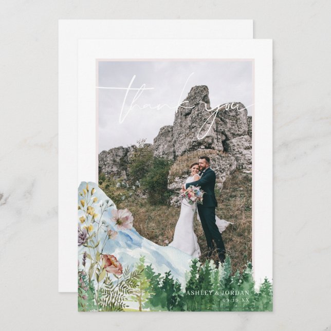 Cartão De Agradecimento Montanha Flor Selvagem | Foto Casamento Obrigado (Frente/Verso)