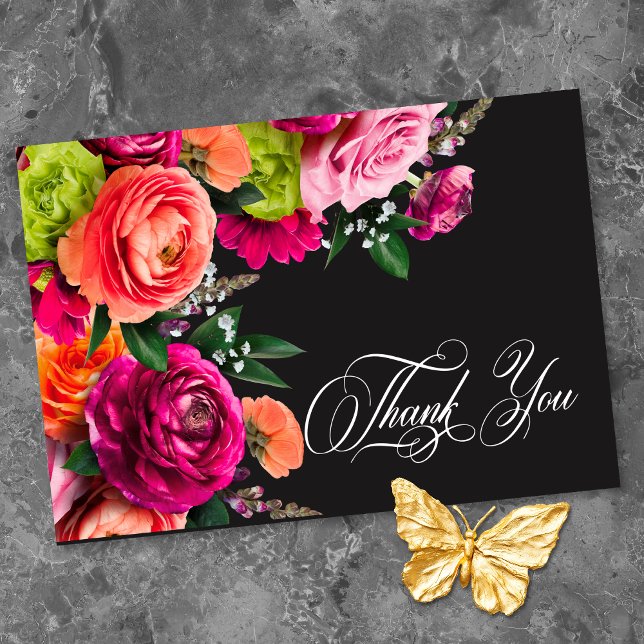 Cartão De Agradecimento Moody Luxe Floral Vibrant Pink Black Wedding  (Moody Luxe Floral Vibrant Pink Black Wedding Thank You Card)